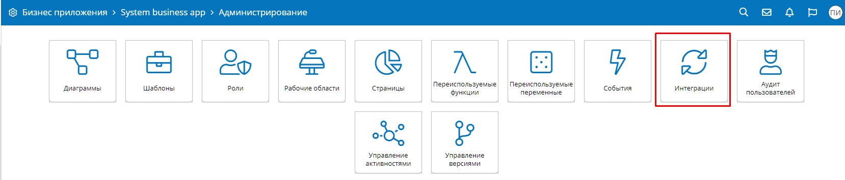 Расположение раздела «Интеграции»