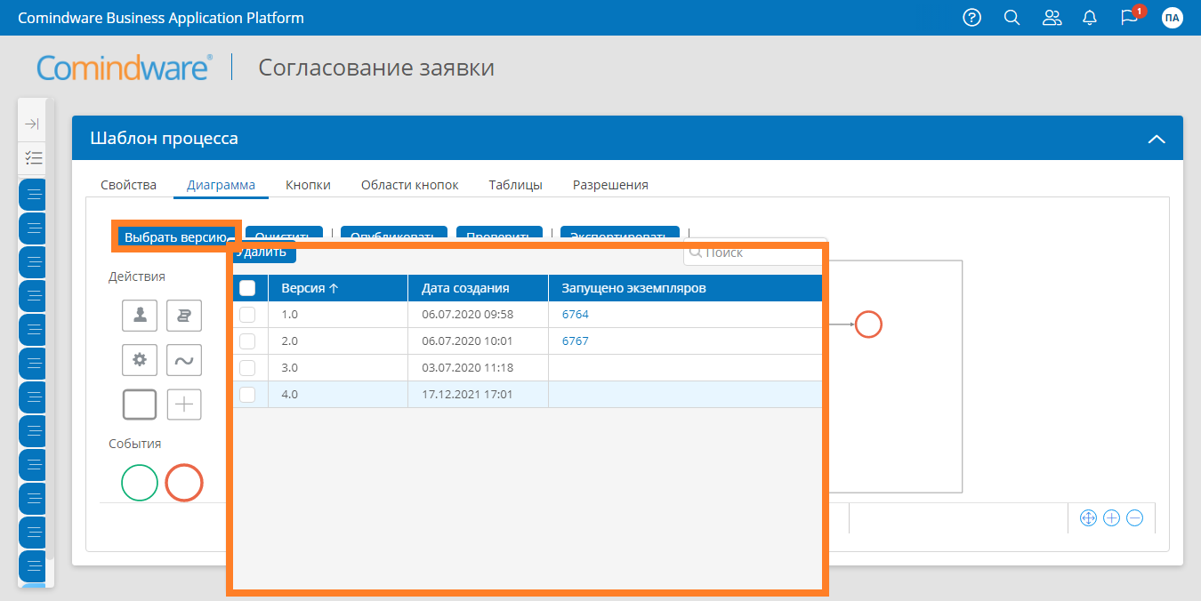 Выбор версии диаграммы процесса