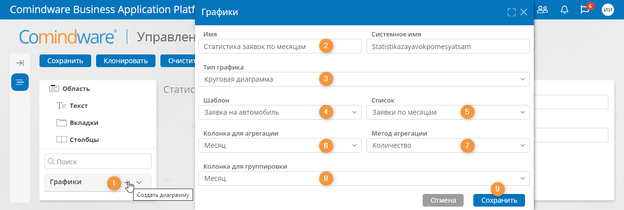 Создание и сохранение круговой диаграммы в редакторе дашборда