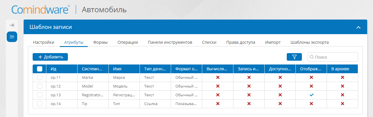 Атрибуты шаблона записи «Автомобиль»