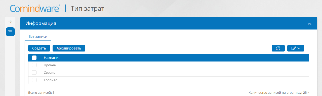 Экземпляры шаблона записи «Тип затрат»