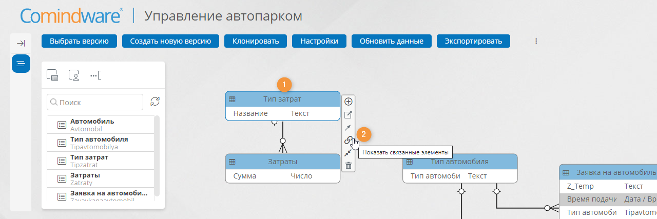 Отображение связей шаблона «Тип затрат»