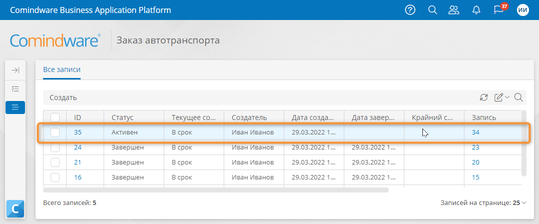 Список экземпляров бизнес-процесса