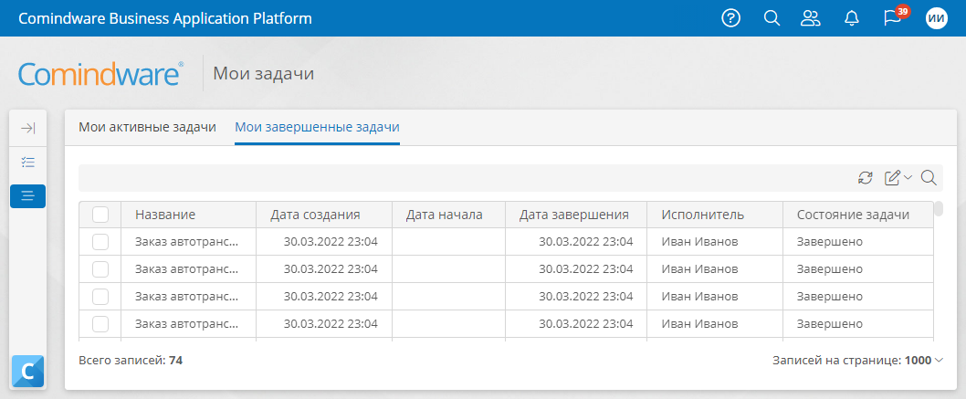 Представление списка задач по умолчанию