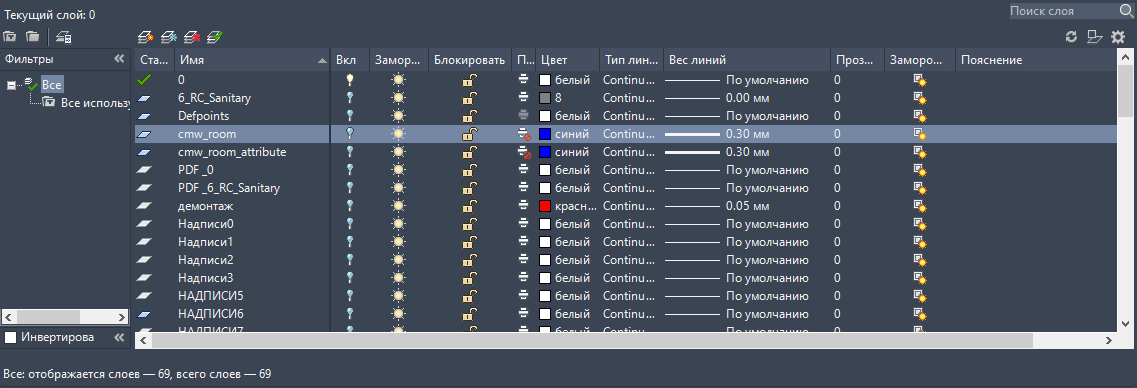 Диспетчер слоев AutoCAD