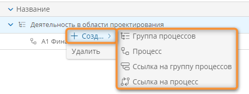 Создание дочернего элемента с помощью контекстного меню в реестре процессов