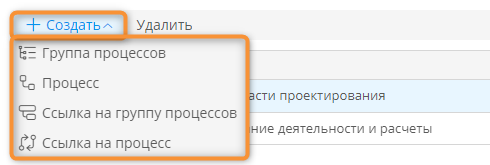 Создание элемента на верхнем уровне реестра процессов