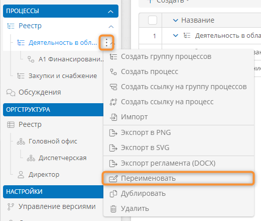 Переименование элемента процессной архитектуры с помощью панели навигации