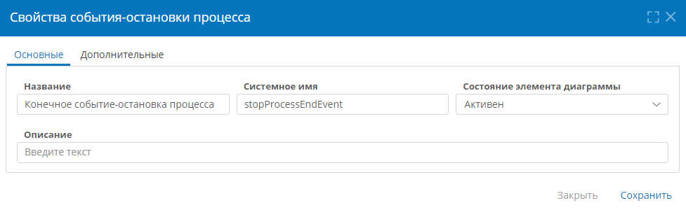 Основные свойства конечного события-остановки процесса