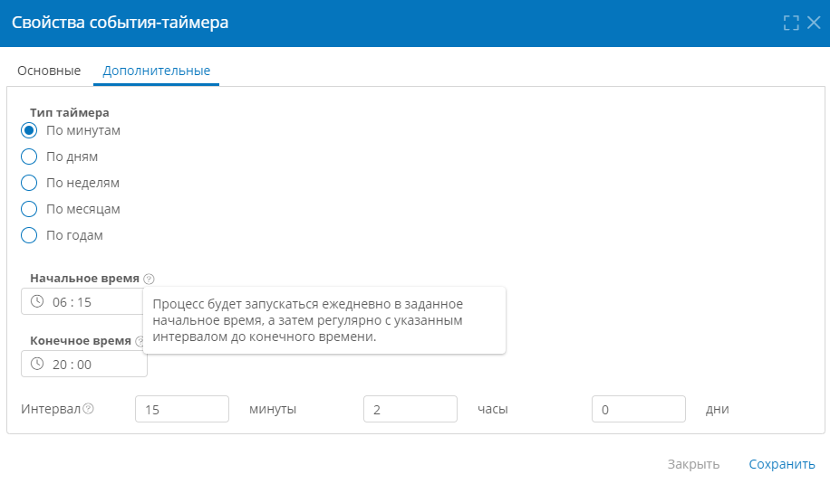 Параметры таймера по минутам