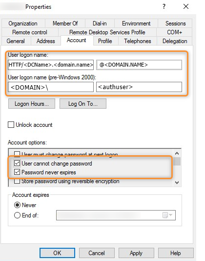 Настройка свойств сервисного аккаунта для NGINX