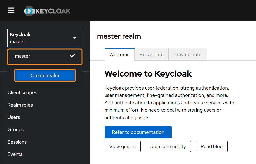 Переход к управлению областью master в Keycloak