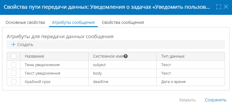 Настройка атрибутов сообщения пути передачи данных для уведомлений о задачах