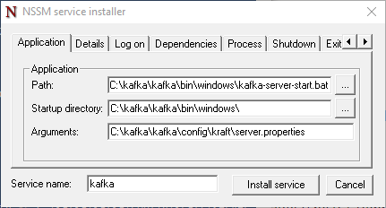 Диалоговое окно NSSM service installer