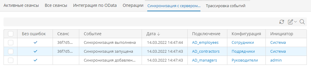Журнал синхронизации с сервером каталогов