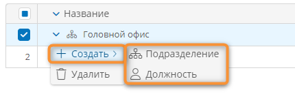 Создание дочерней оргединицы с помощью контекстного меню в реестре оргединиц