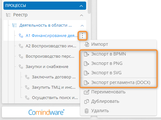 Экспорт элемента процессной архитектуры с помощью панели навигации