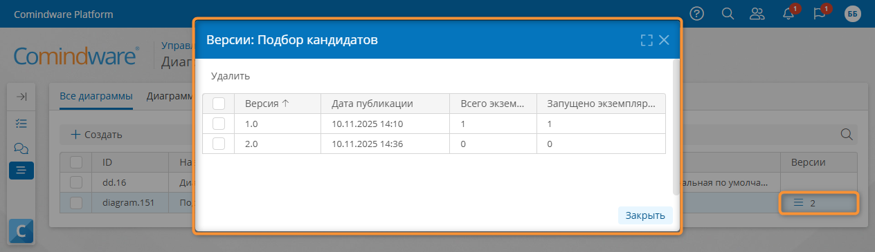 Просмотр списка версий диаграммы процесса с помощью списка диаграмм