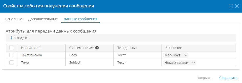 Настройка данных сообщения для промежуточного события-получения сообщения