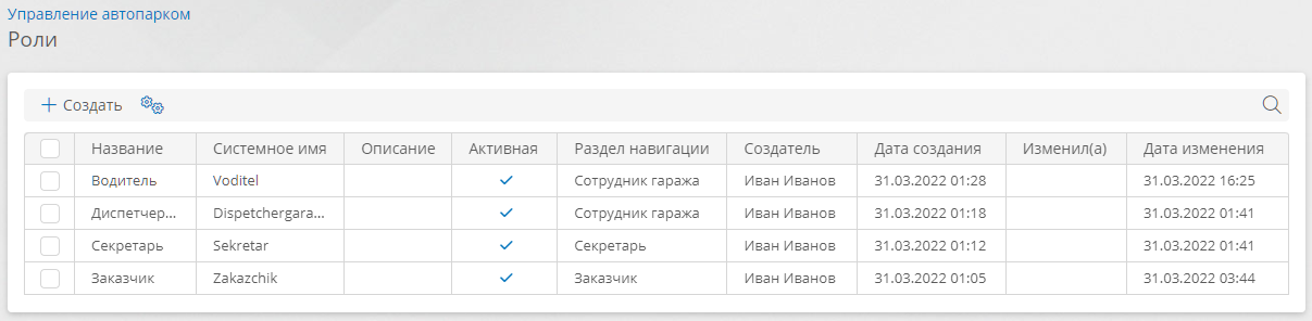 Список ролей в приложении