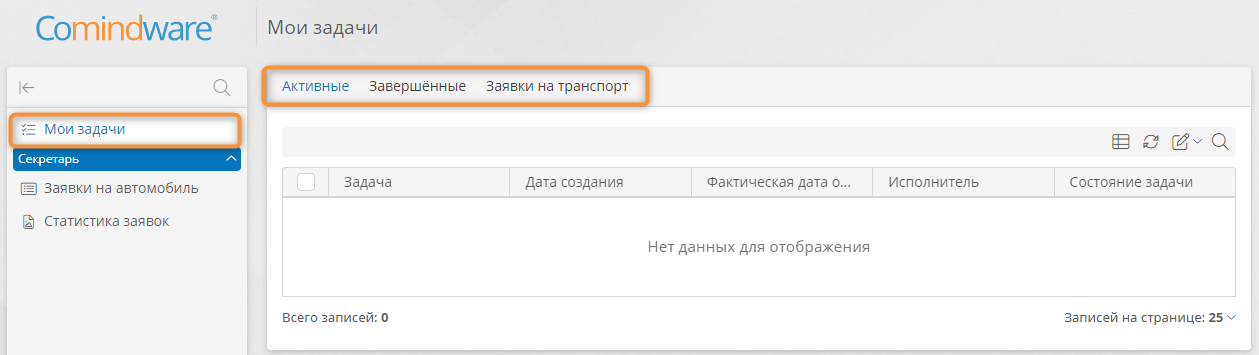 Пункт «Мои задачи» на панели навигации и страница «Мои задачи» с настроенными вкладками