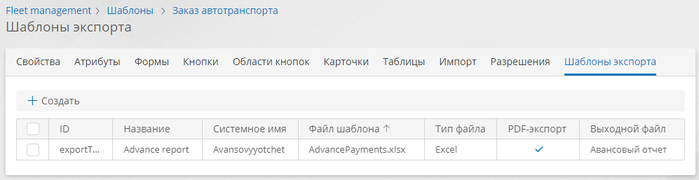 Список шаблонов экспорта