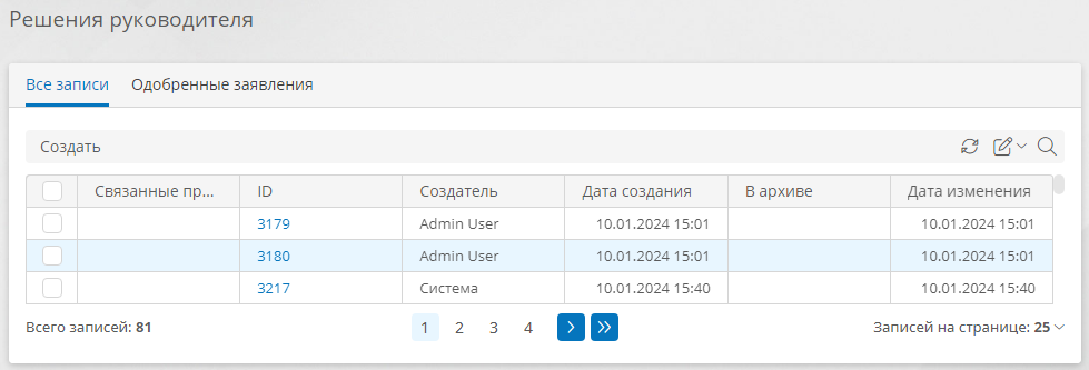 Вкладки с таблицами шаблона