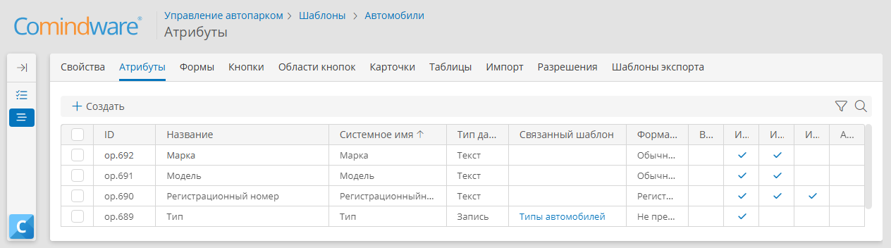 Атрибуты шаблона записи «Автомобили»