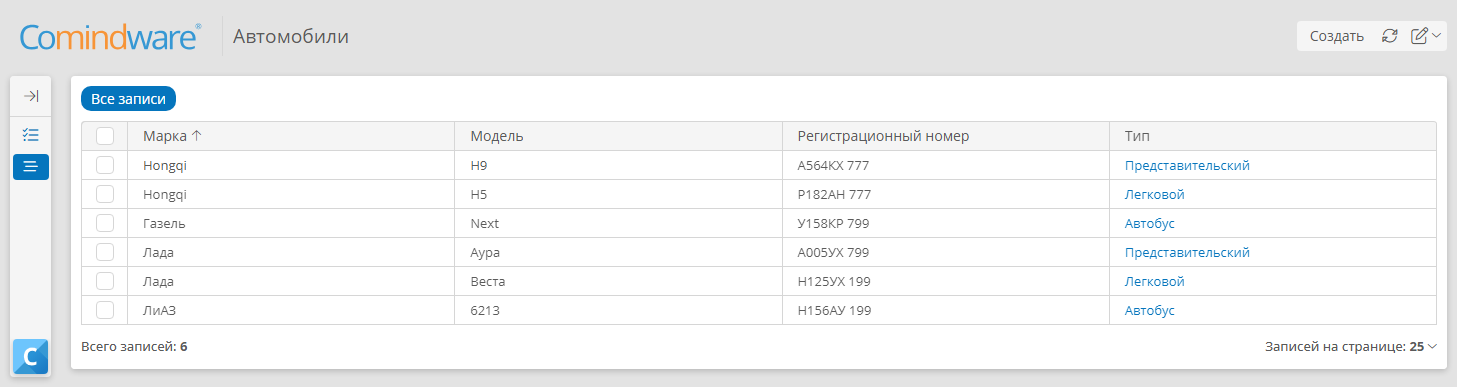 Список автомобилей