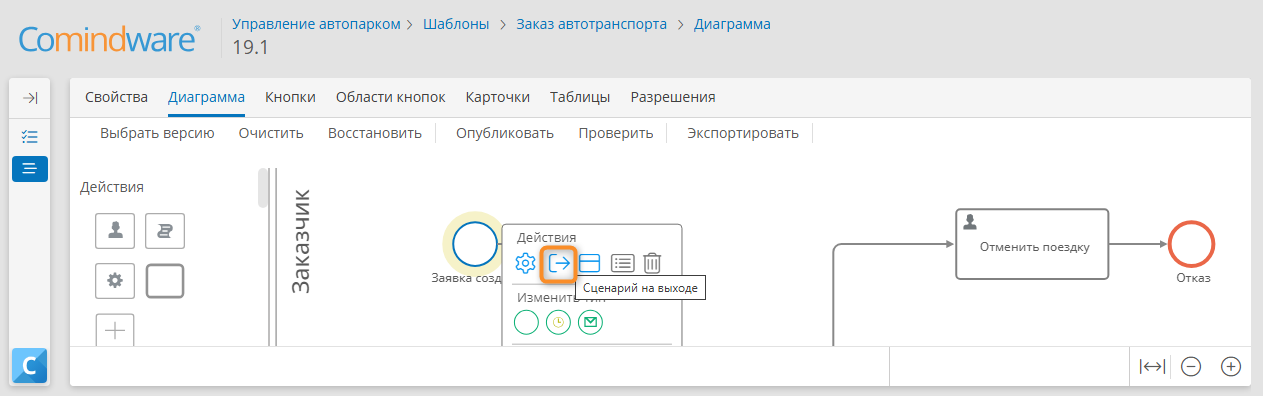 Переход к сценарию на выходе из начального события с диаграммы процесса