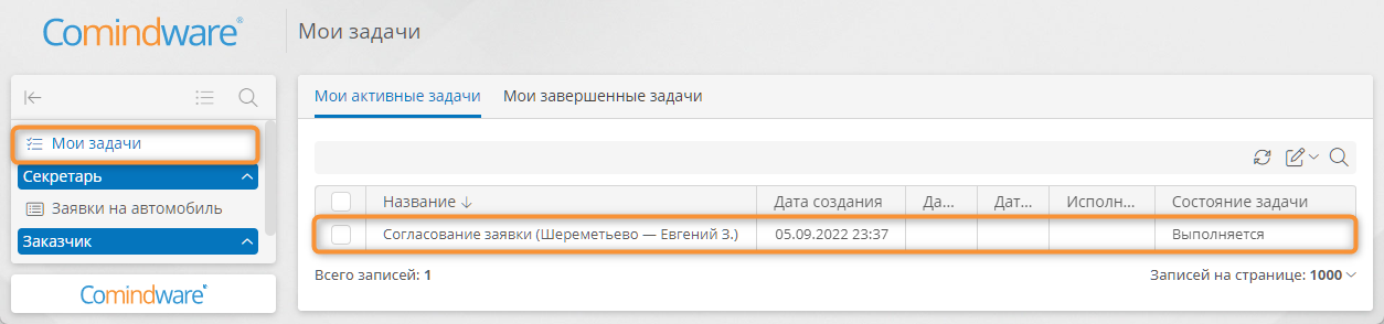 Страница «Мои задачи» для Секретаря