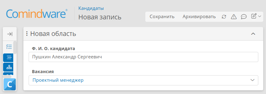 Пример заполненной записи кандидата