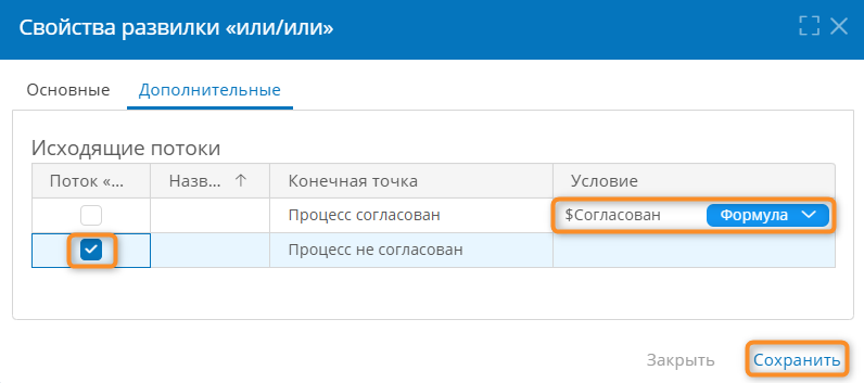 Настройки развилки «Процесс согласован?»