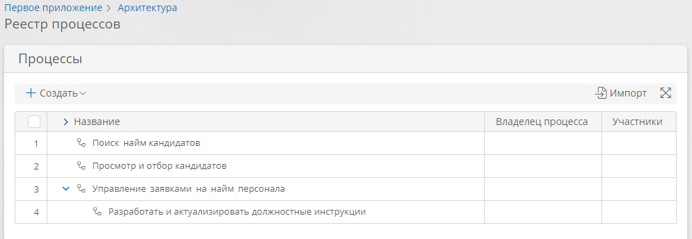 Импортированные процессы в реестре процессов